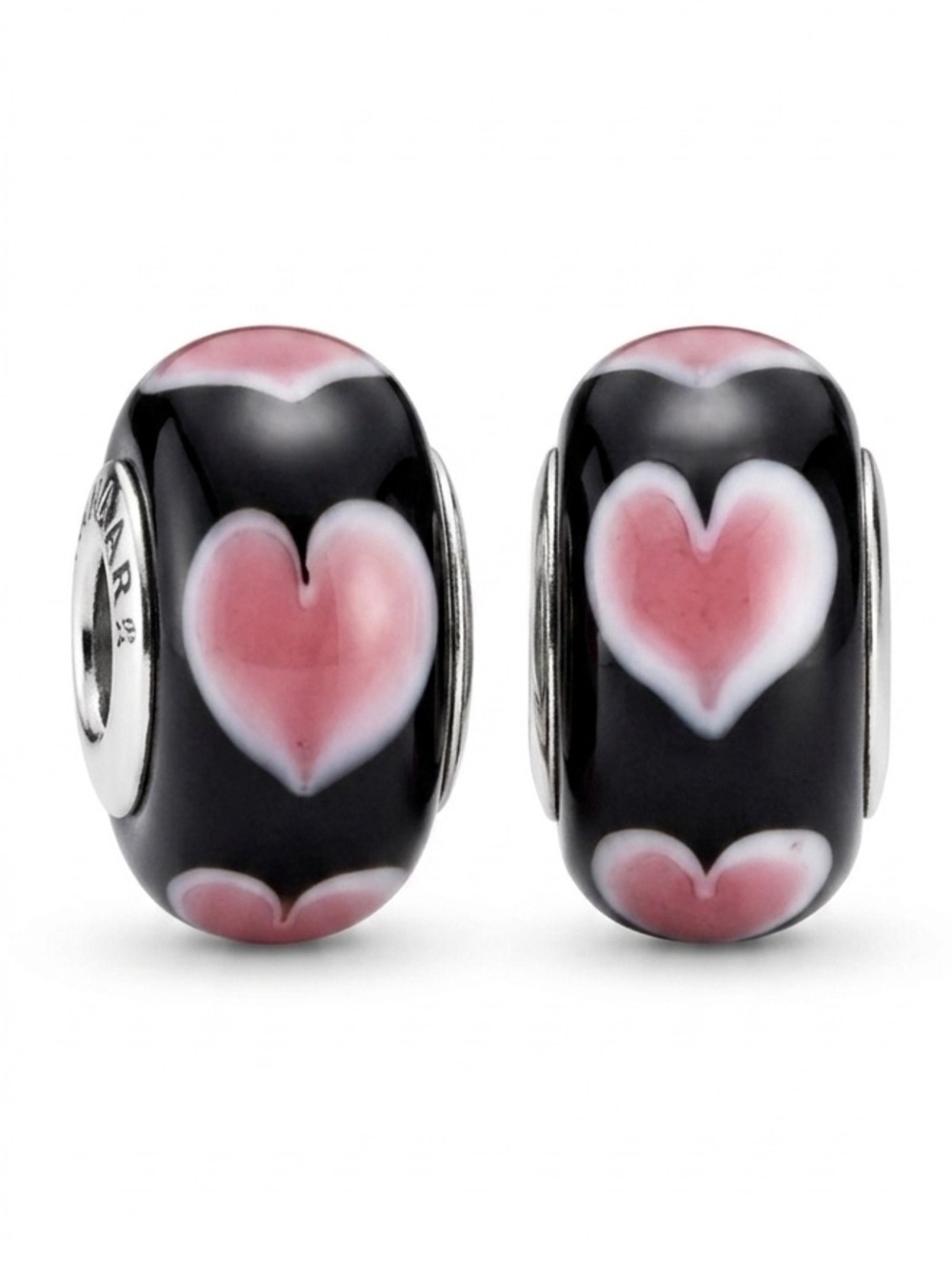 Pandora Black Glass Bead with Pink Heart Motifs